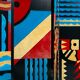 Room divider in art deco style with birds, geometric patterns, red, yellow, blue