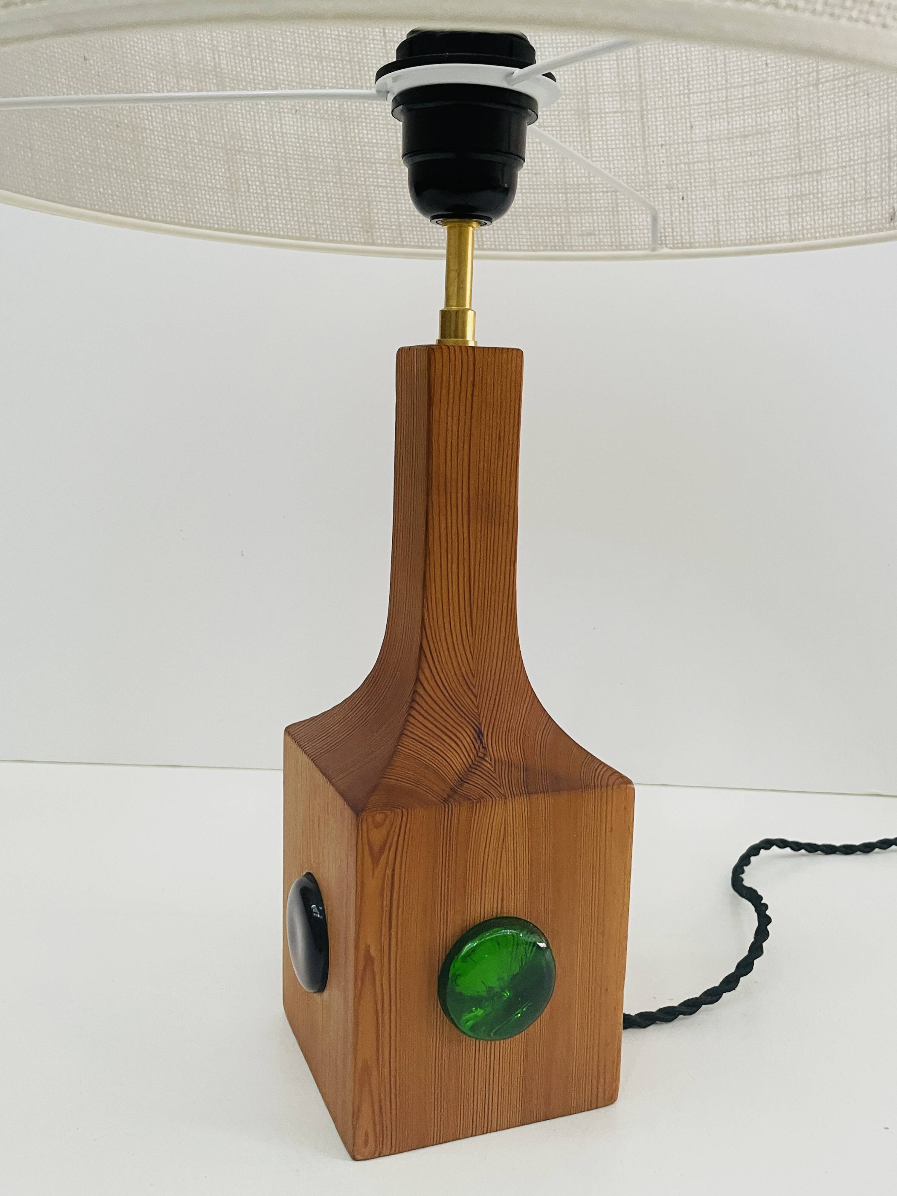 Swedish wooden lamp with glass paste cabochons, 1960s-70s