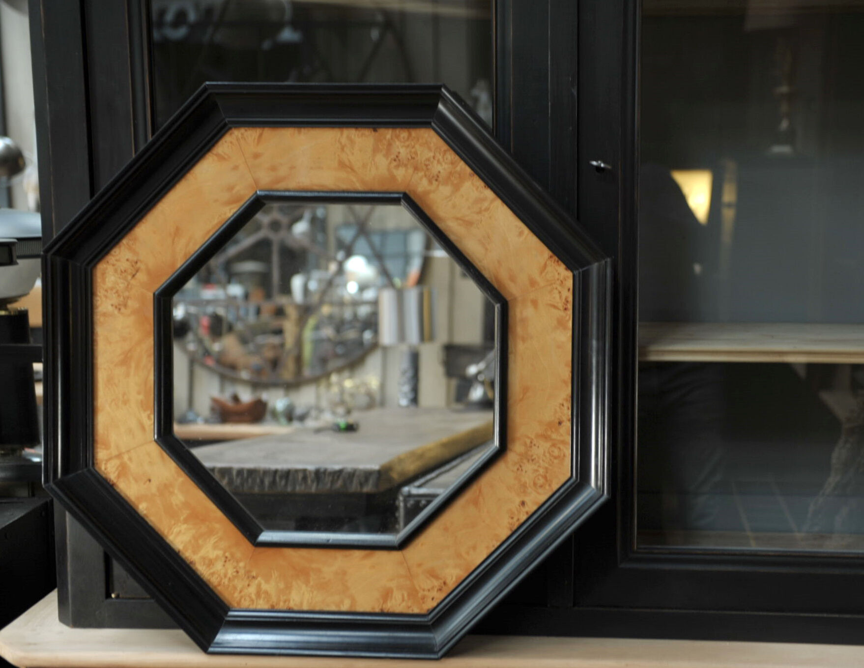 Octagonal vintage wooden mirror of the 1970s - 72cm