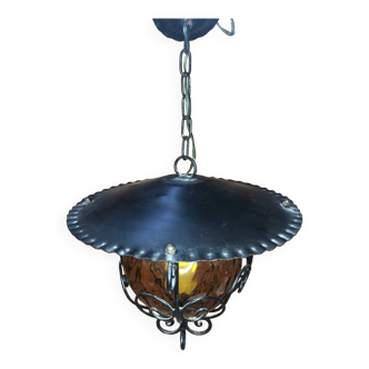 Old black metal lantern pendant + vintage glass ball #a547