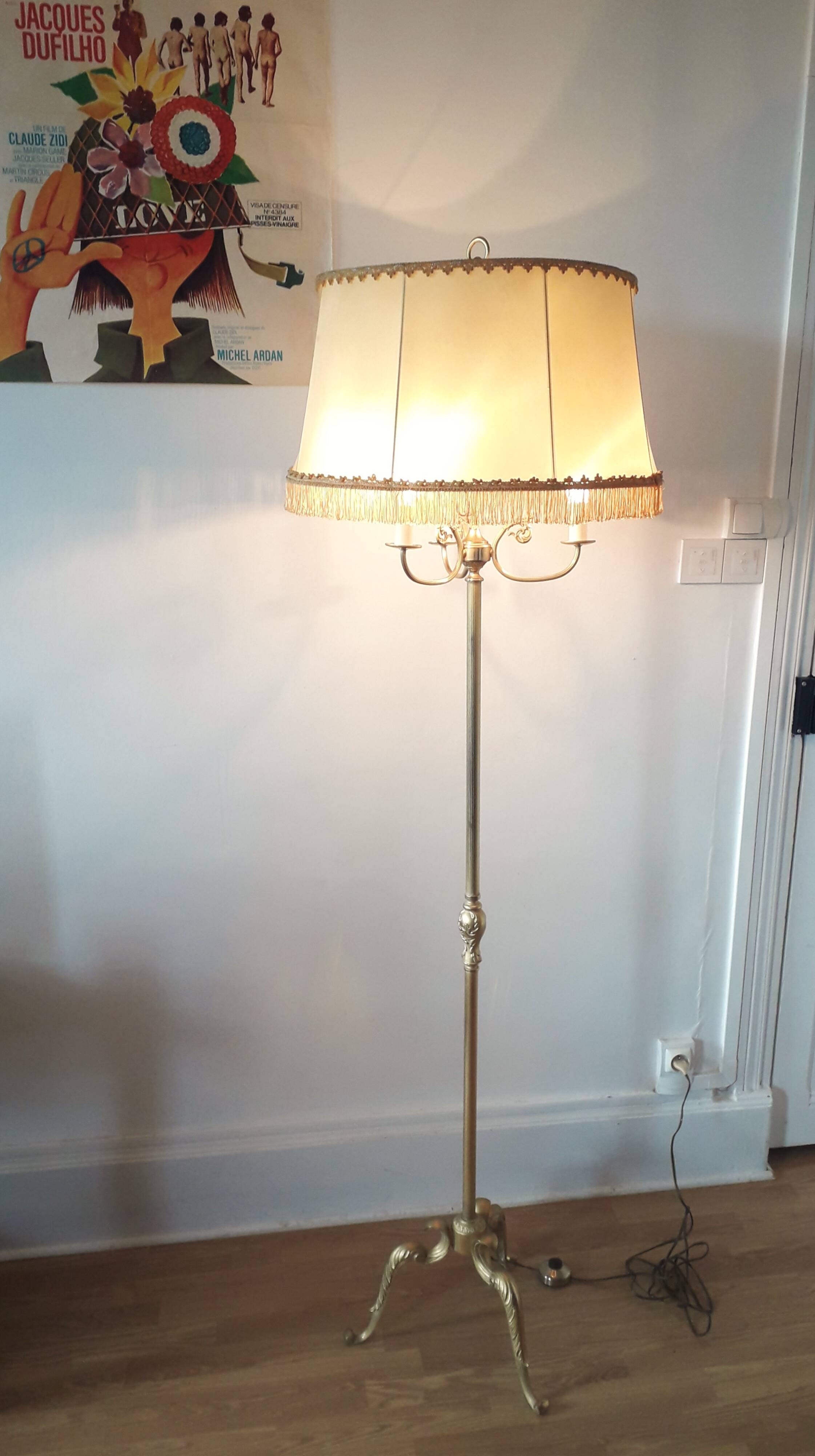 Brass tripod floor lamp - 3 lights Baroque style - 1960