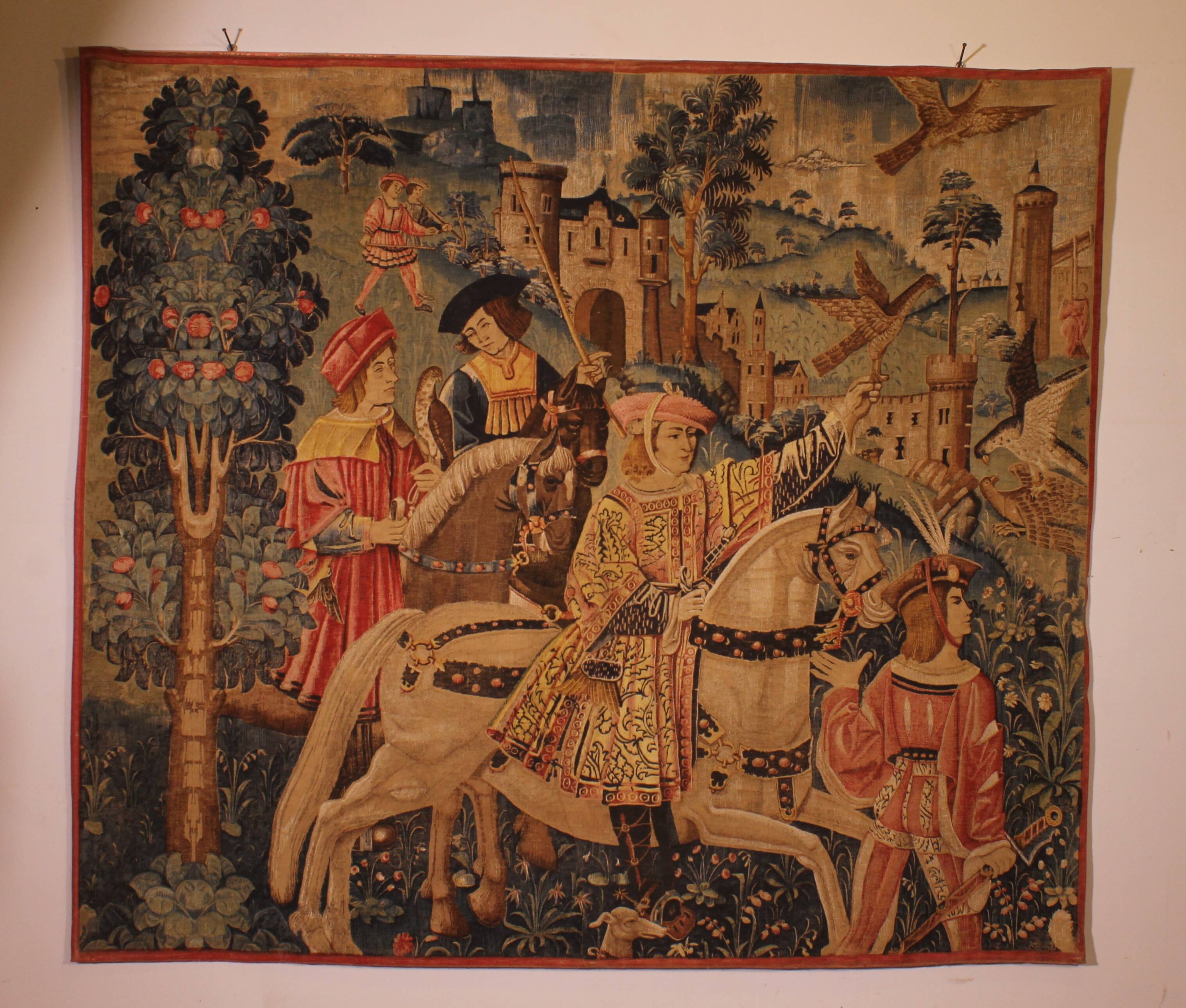 stencil tapestry - Gothic flamboyant falcon hunting scene - 19th century