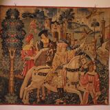 stencil tapestry - Gothic flamboyant falcon hunting scene - 19th century