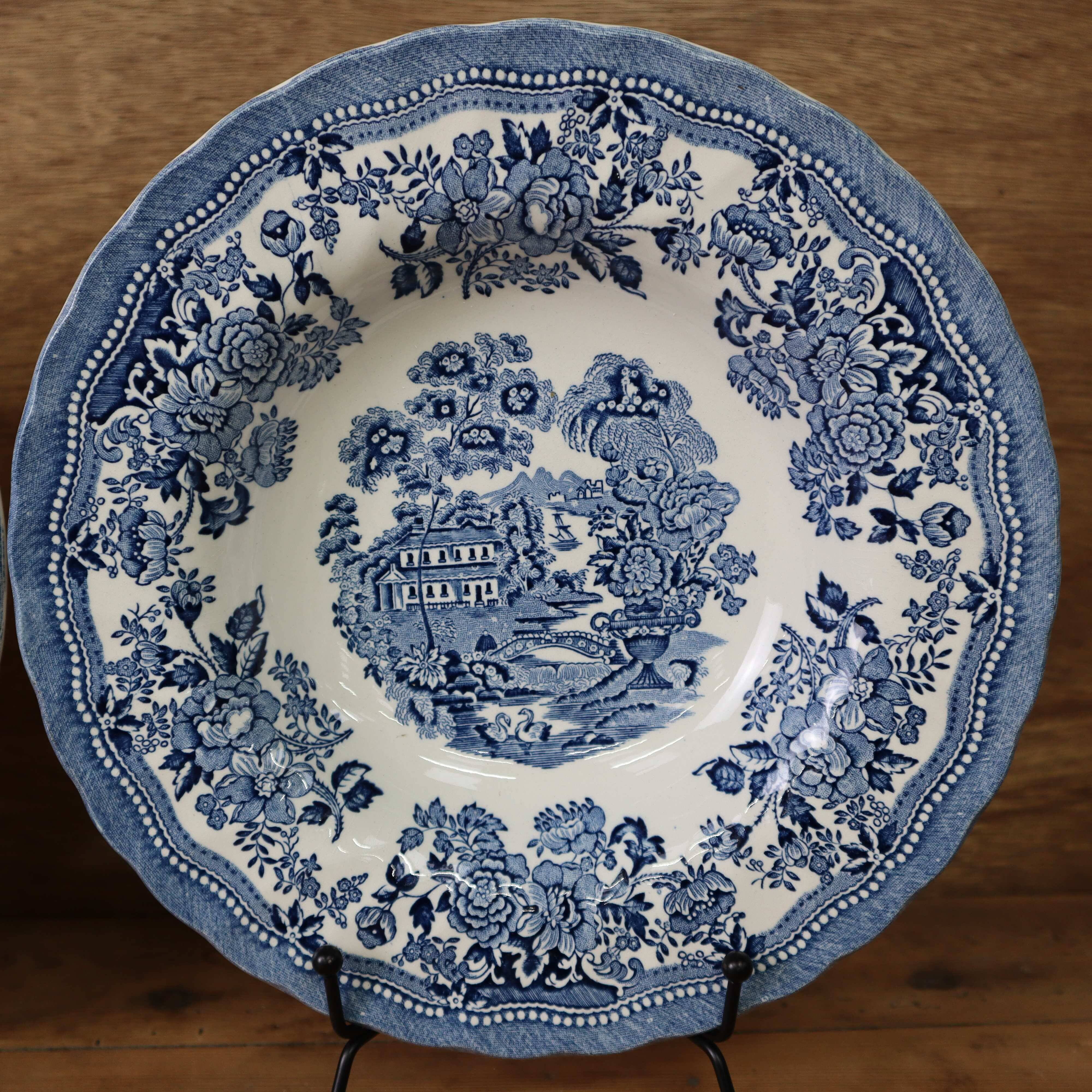 4 Tonquin and Myott English deep plates, Staffordshire blue model
