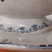 Gravy boat on foot in blue/green iron clay model "Mignon", H & Cie Sarreguemines