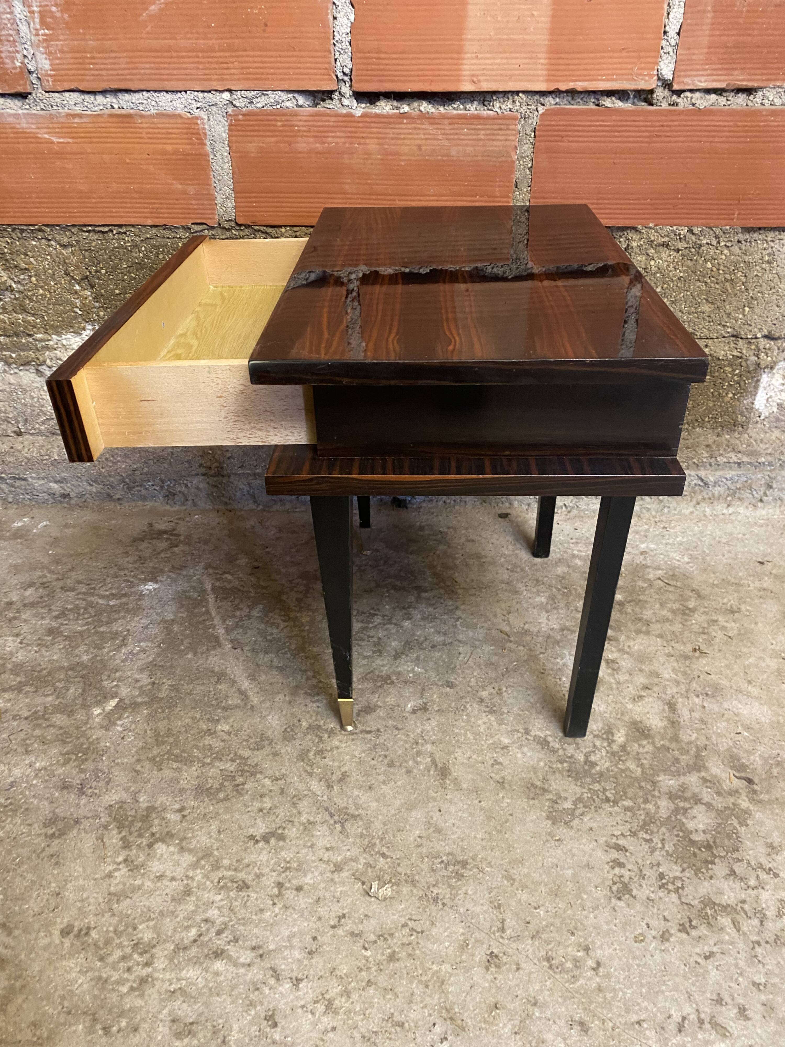 Antique Nightstand with Drawer, Macassar Wood, Mid 20th Century, Vintage