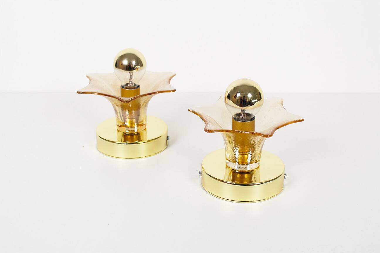Pair of Murano Glass and brass wall lamps by Sische, Germany 1970's