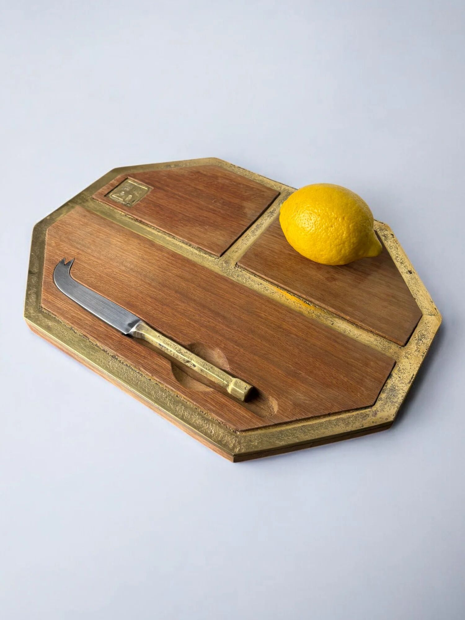 Brutalist cheese tray by David Marshall, wood & bronze, Spain, 1970s