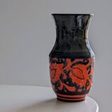 Sgraffito Scraffito enameled ceramic vase in green and orange colors - Year 1950