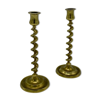 Pair of twisted brass candle holders, 1960's