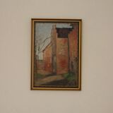 Original European oil on panel – construction scene