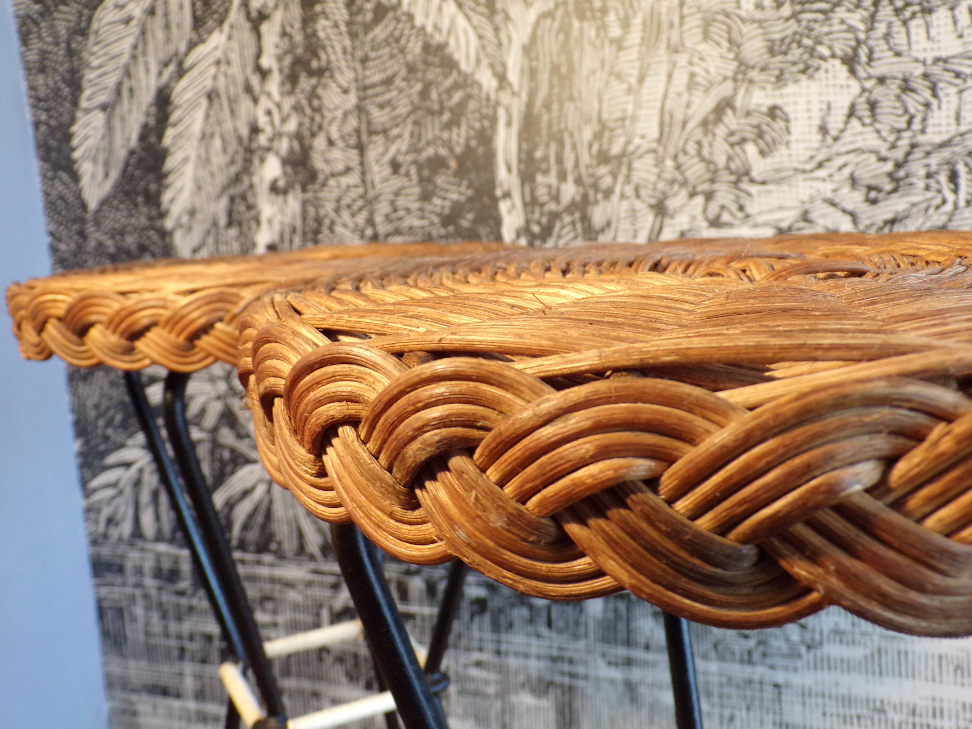 Pair of 1950s iron and rattan bar stools