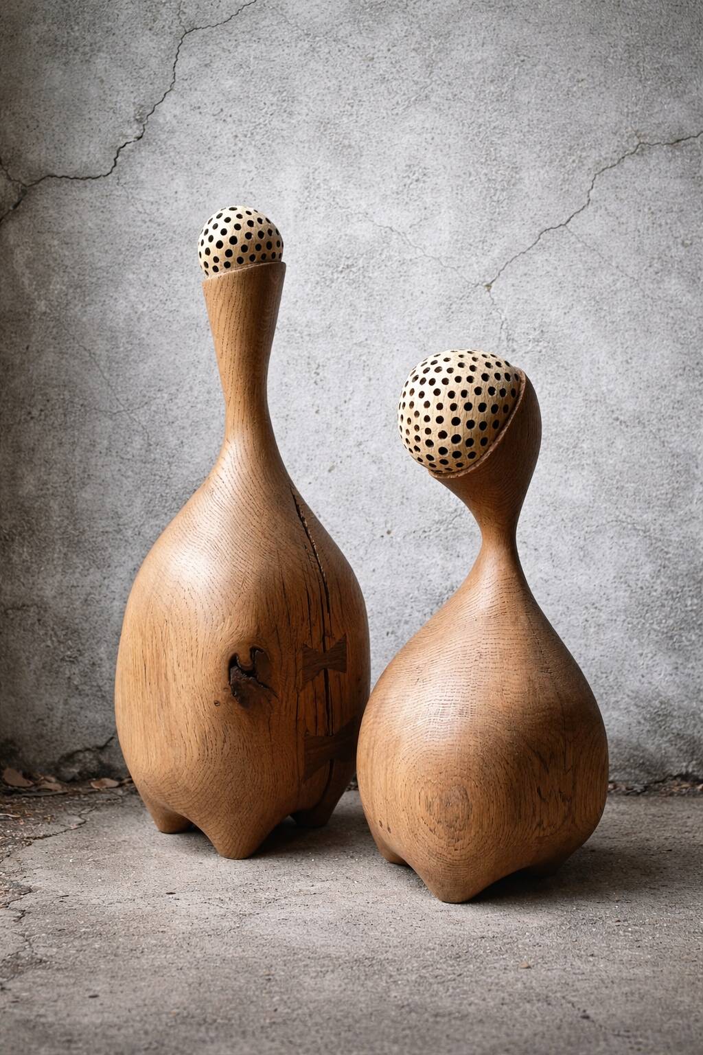 Set of two large solid oak sculptures.