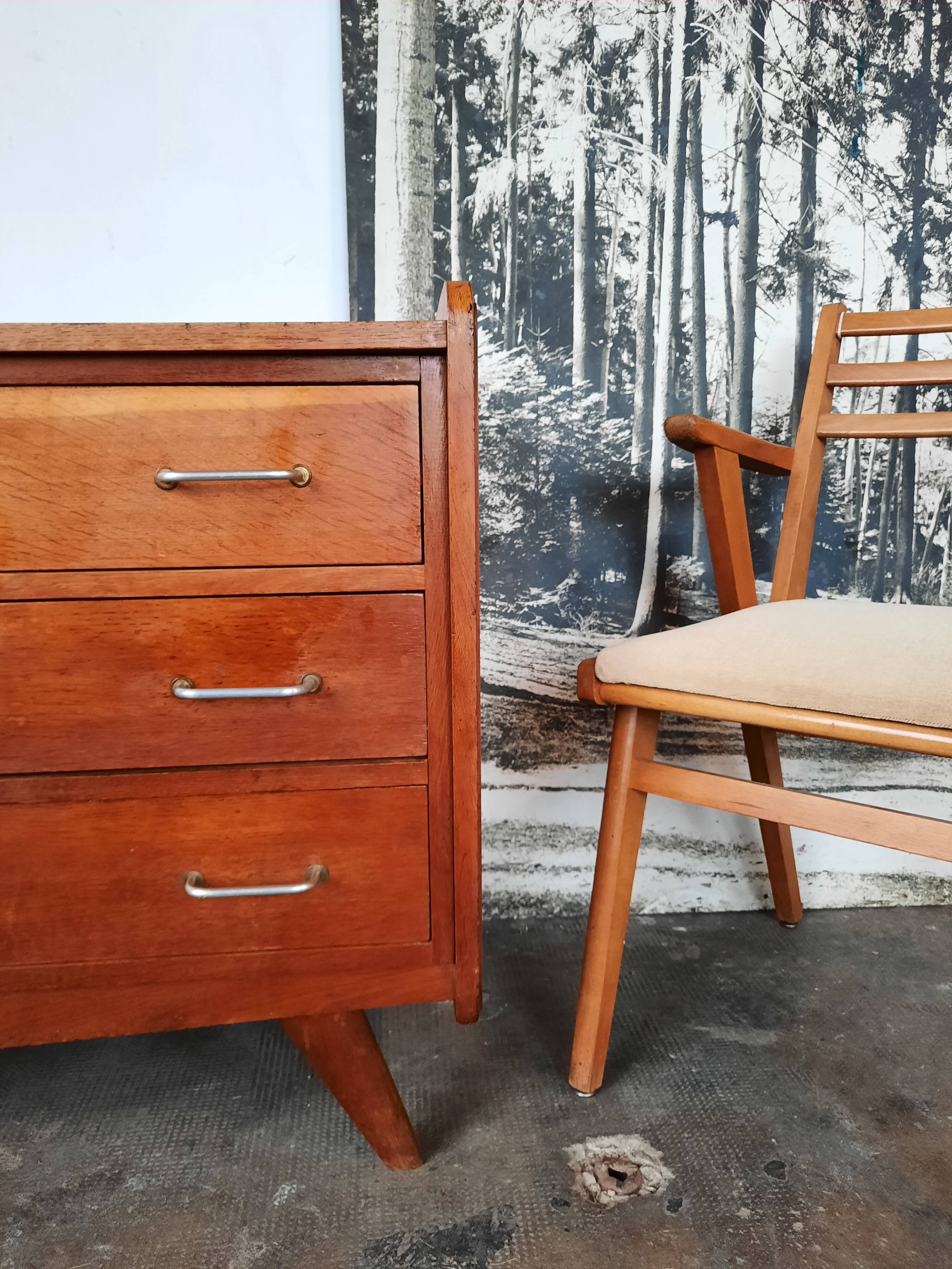 Oak chest of drawers with compass foot, vintage reconstruction