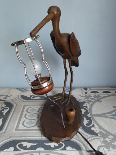 Lampe de bureau ancienne, héron en bois style art deco