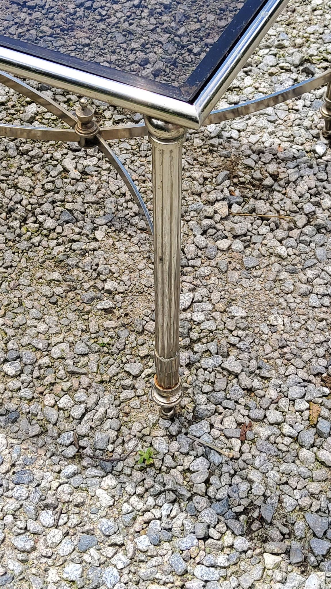 Chrome metal coffee table with smoked glass top in neoclassical style, 1970s.