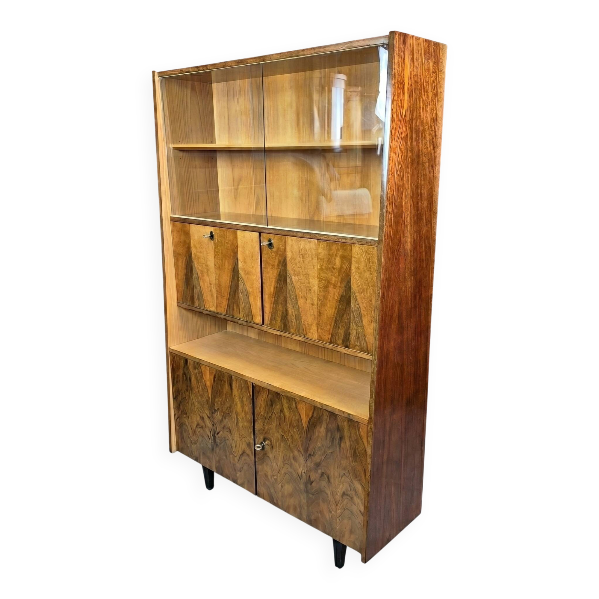 Restored Mid-Century Tapered Highboard Bar Cabinet  in Walnut & Mahogany