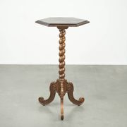 Antique tall oak plant/side table with wood carving and a turned leg