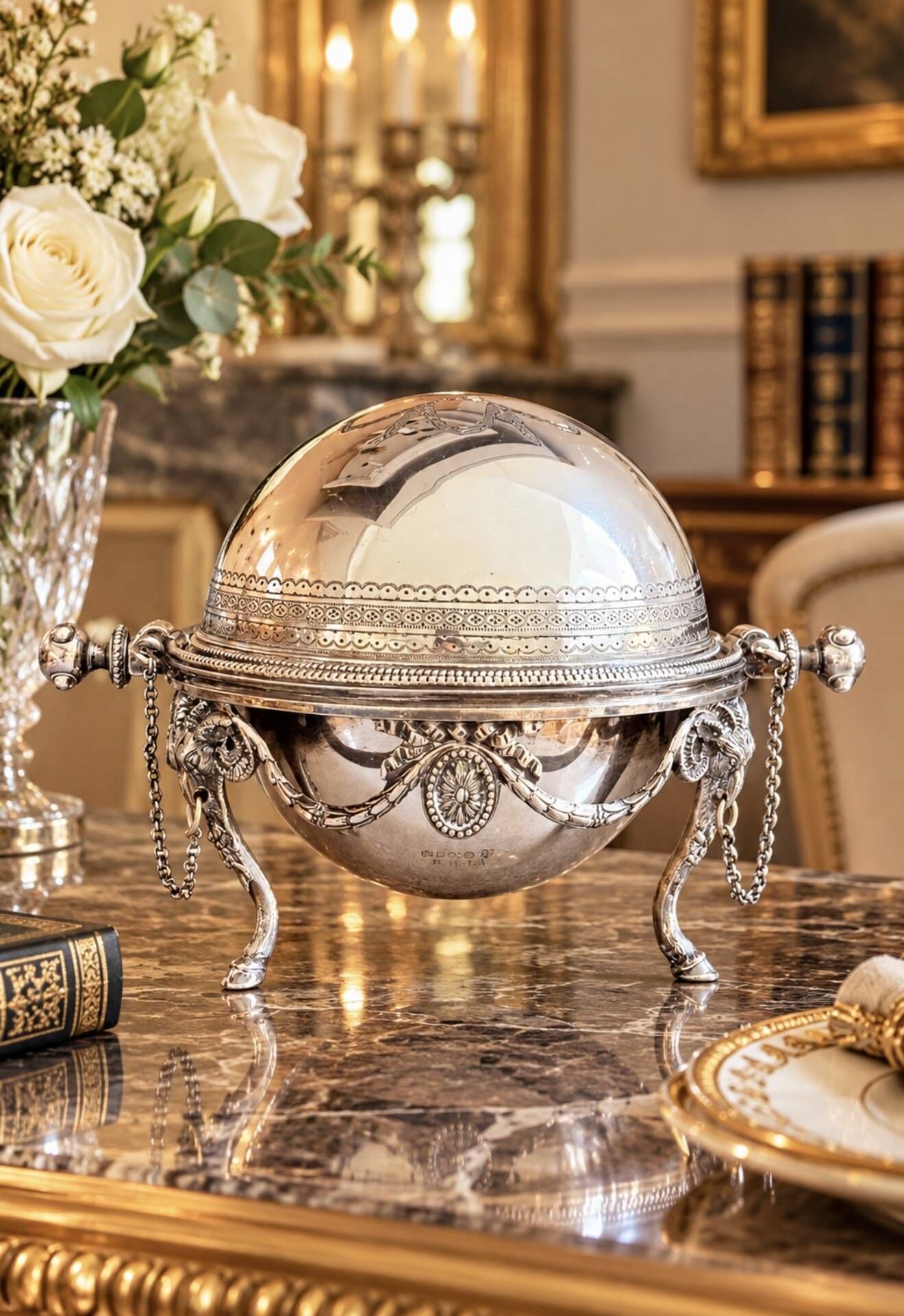 Antique English Silver-Plated Roll-Top Caviar Dish with Ram’s-Head Decoration