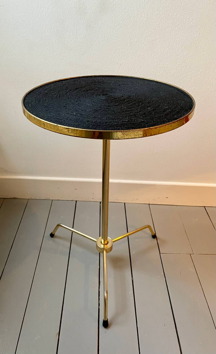 Vintage tripod pedestal table in gold metal