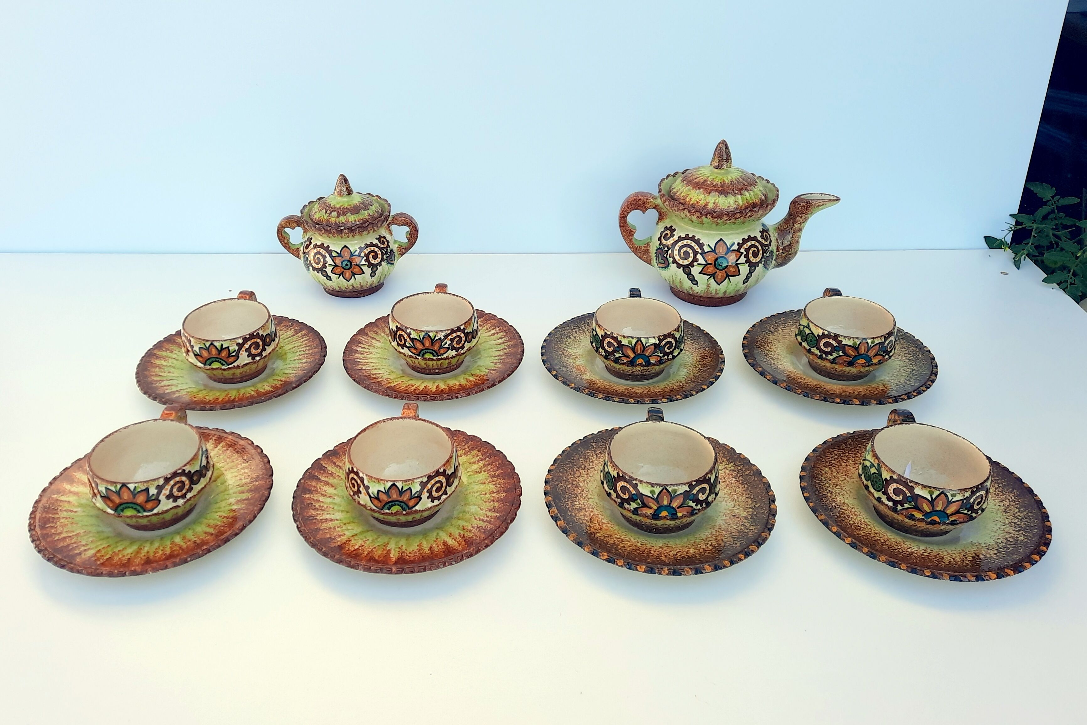 Paul Fouillen Quimper tea set sugar bowl cups and saucers