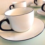 Set of eight white porcelain cups with blue edging / vintage 70s-80s