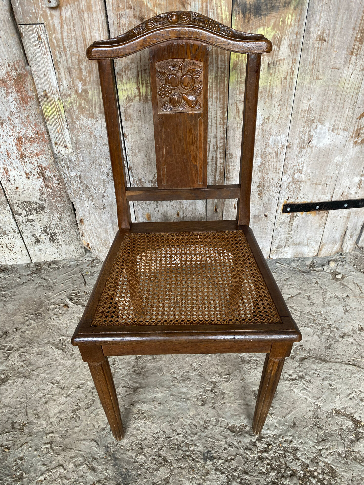 Chaise ancienne art déco bois sculpté & assise cannée vintage #e095