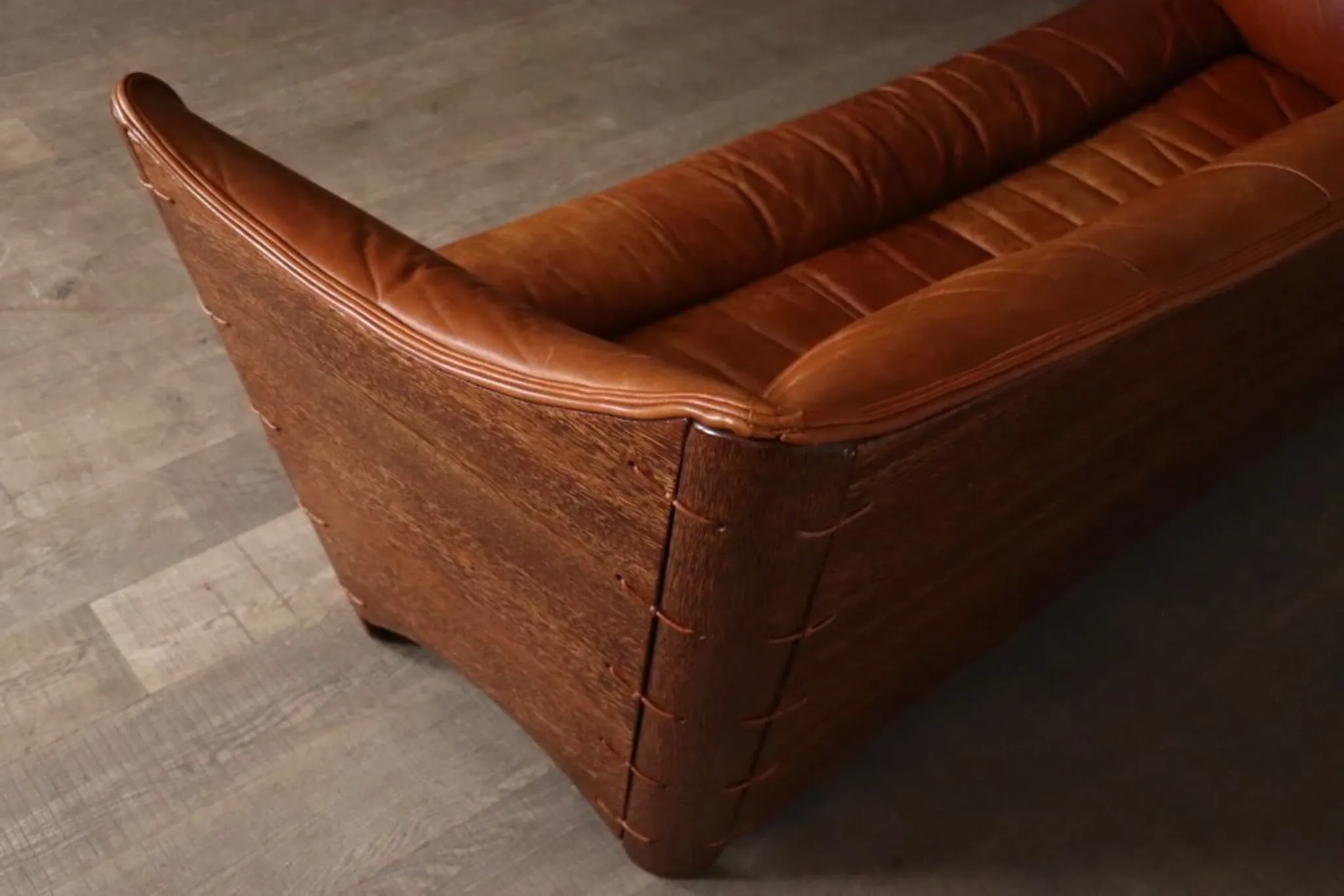 Mid-century sofa in cognac leather and wood by Pacific Green, Australia 1980s