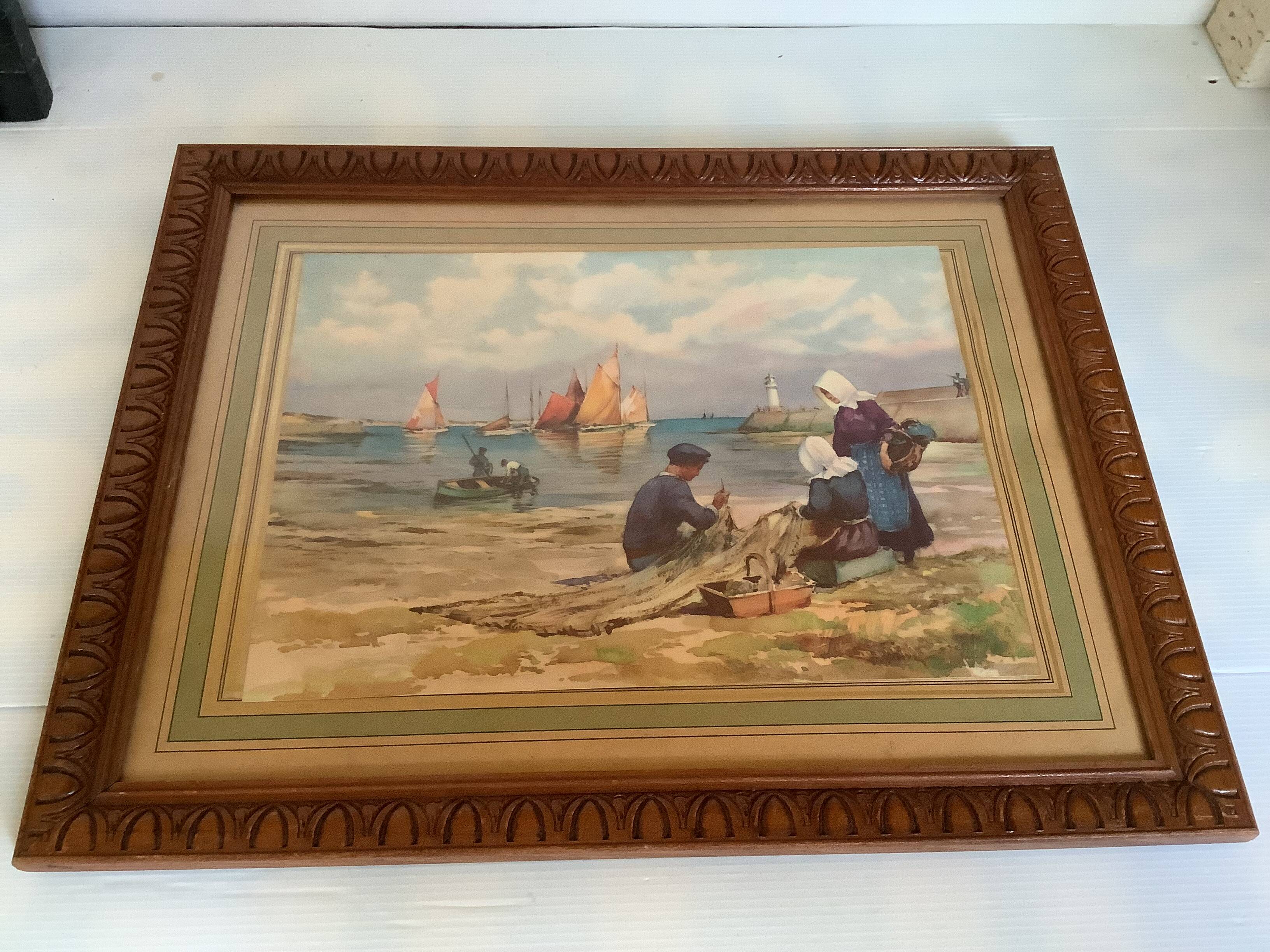 Large marine painting of fishermen and boats.