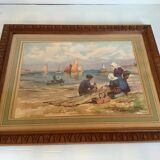 Large marine painting of fishermen and boats.
