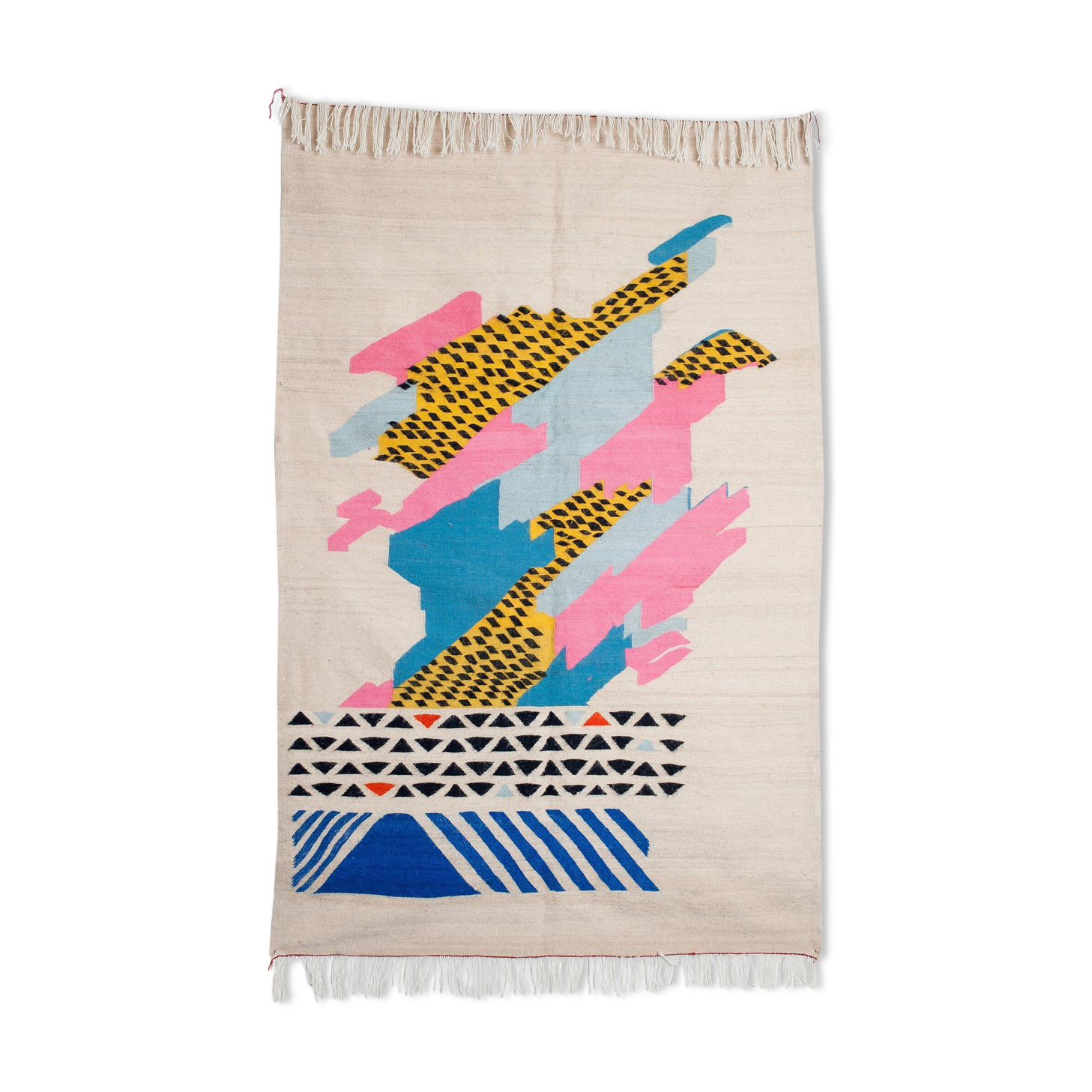 Handmade carpet, contemporary for living room, white & colors, wool, Khalil Minka, 220x140 cm