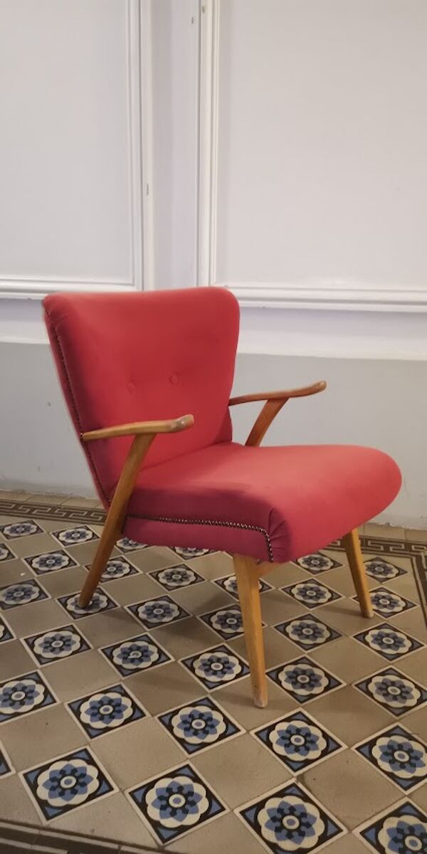 Fauteuil zig zag wing années 50 60 rose fushia