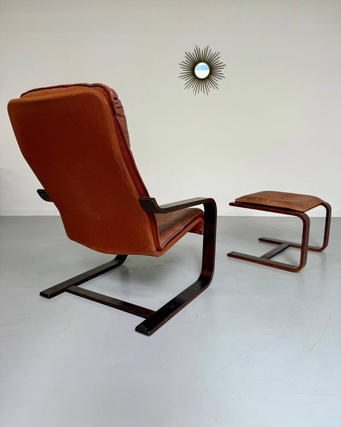 Yngve Ekström 70 Scandinavian design armchair with leather and wood ottoman