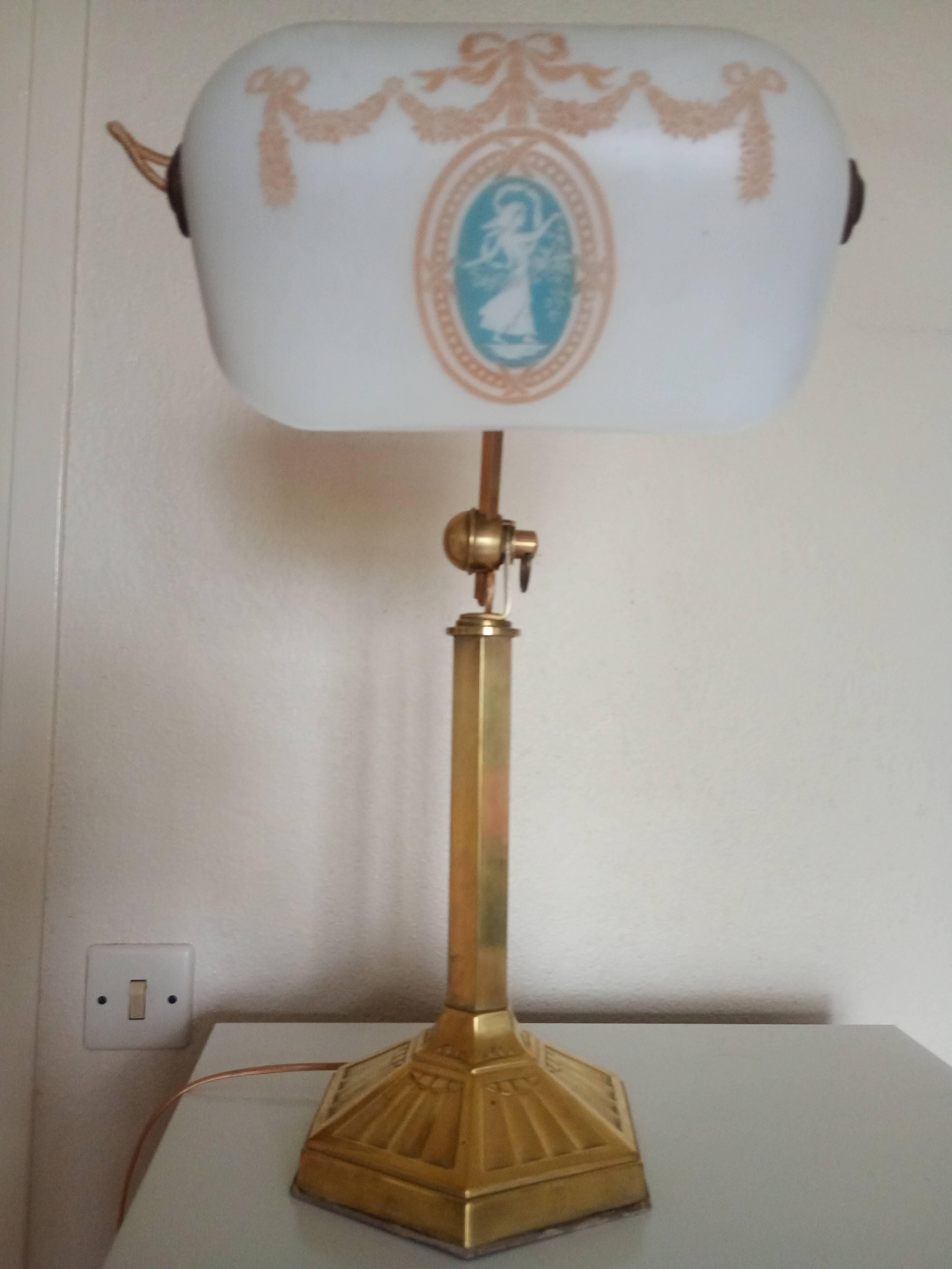Brass & Satin Opaline Desk Lamp, Woman with Antique Ribbon Bows