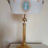 Brass & Satin Opaline Desk Lamp, Woman with Antique Ribbon Bows