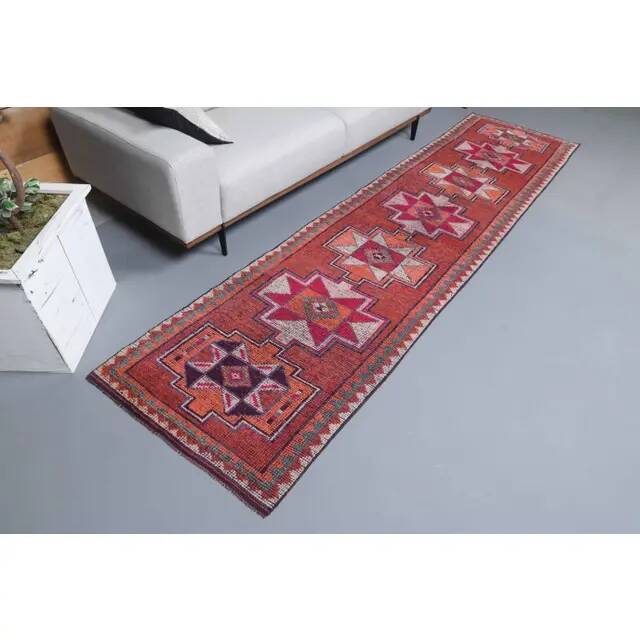 Vintage Turkish Oushak Handmade Wool Cotton Red Runner 87x336