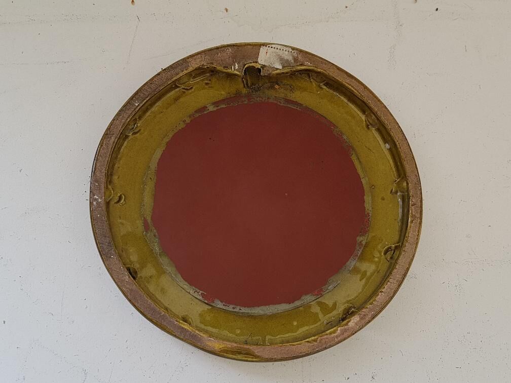 Small round mirror "J.V." 50s signed ceramic 17cm