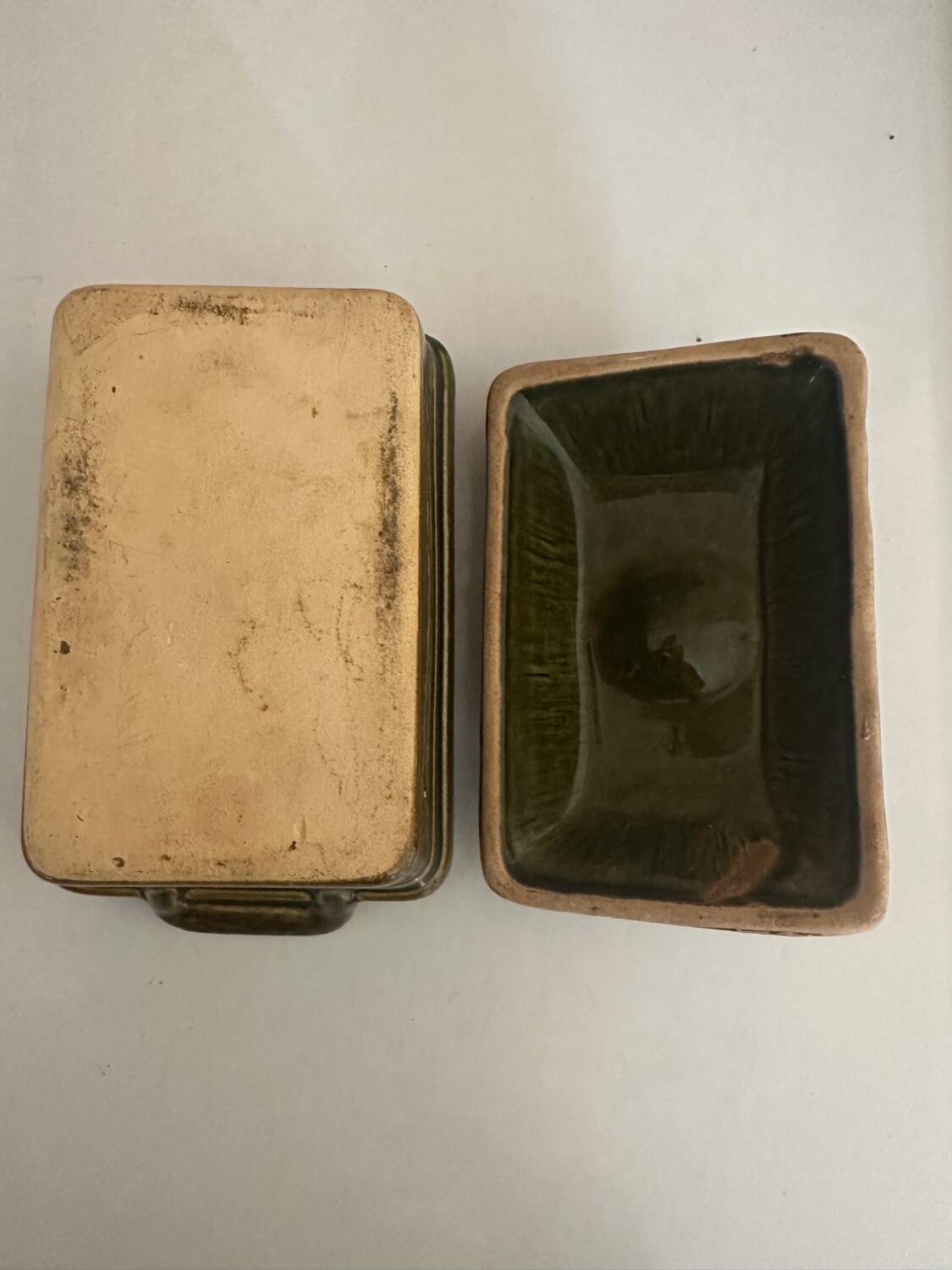 Vintage green majolica butter dish