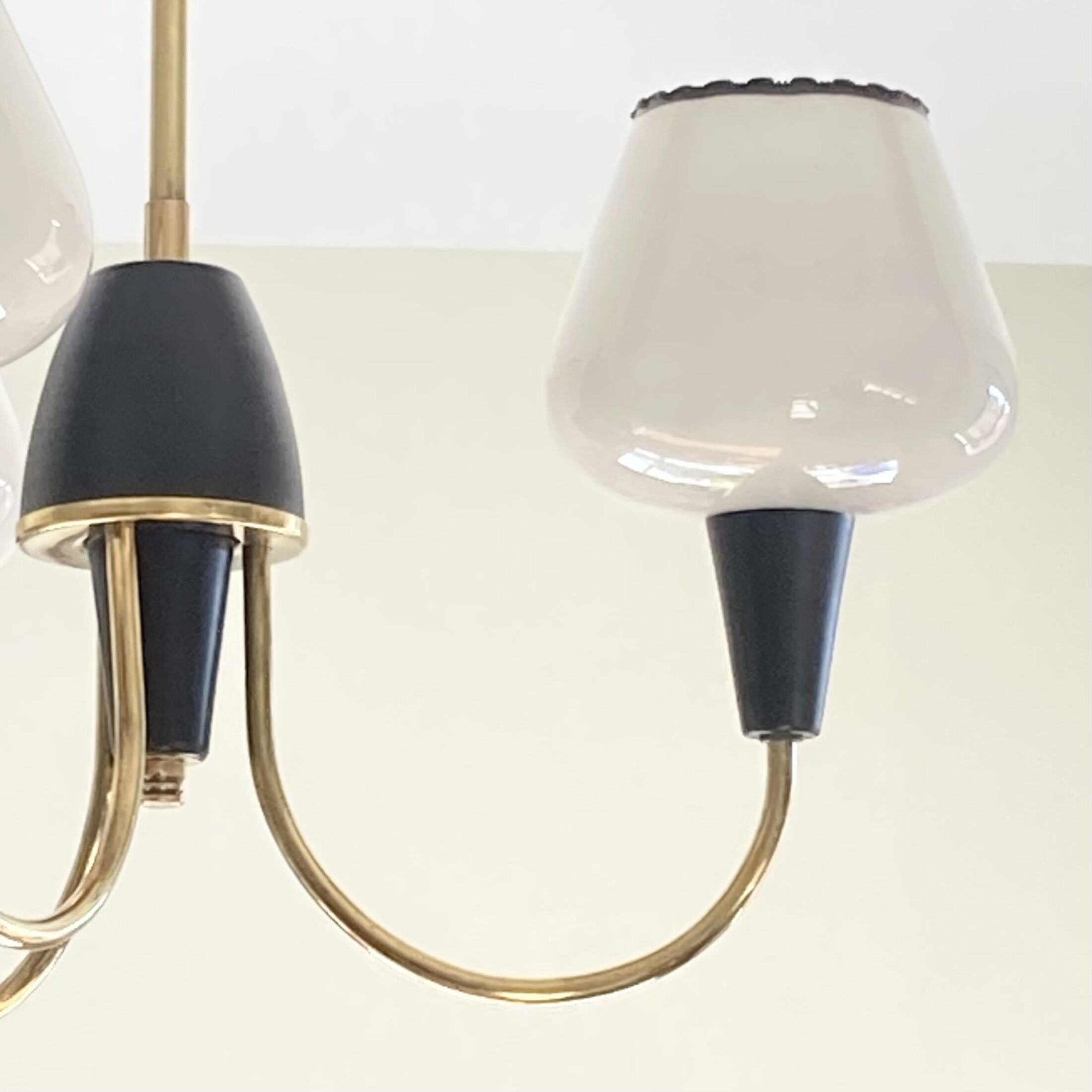 Brass chandelier and black metal tulips in white opaline glass 1950 1960 vintage suspension
