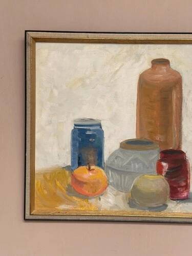Mid-Century Oil on panel – "Still Life" by M.O. Vintage & Framed 44 × 26 cm