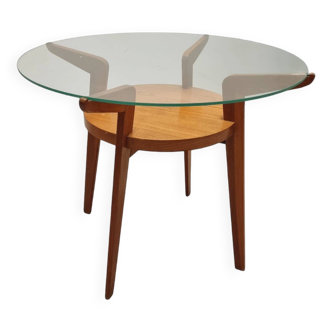 Small Mid-Century Round Oak & Glass Table from Jitona Sobeslav, Czechia, 1950s