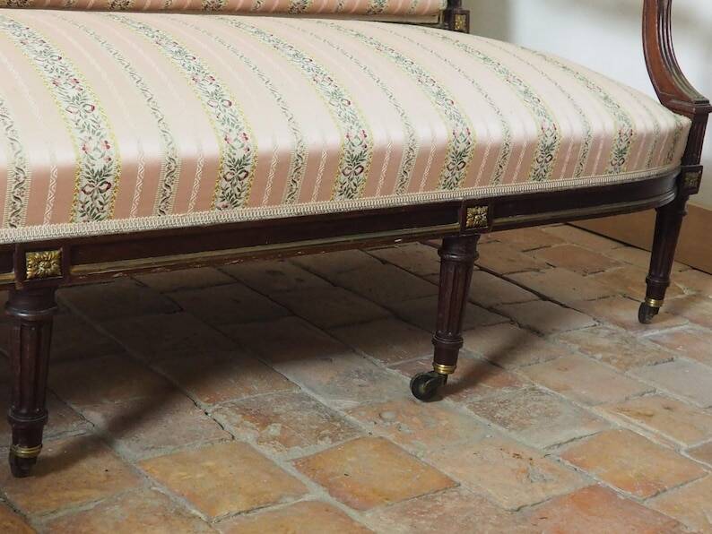 Antique French Empire Style Sofa and Chairs: Pink Satin Furniture Set