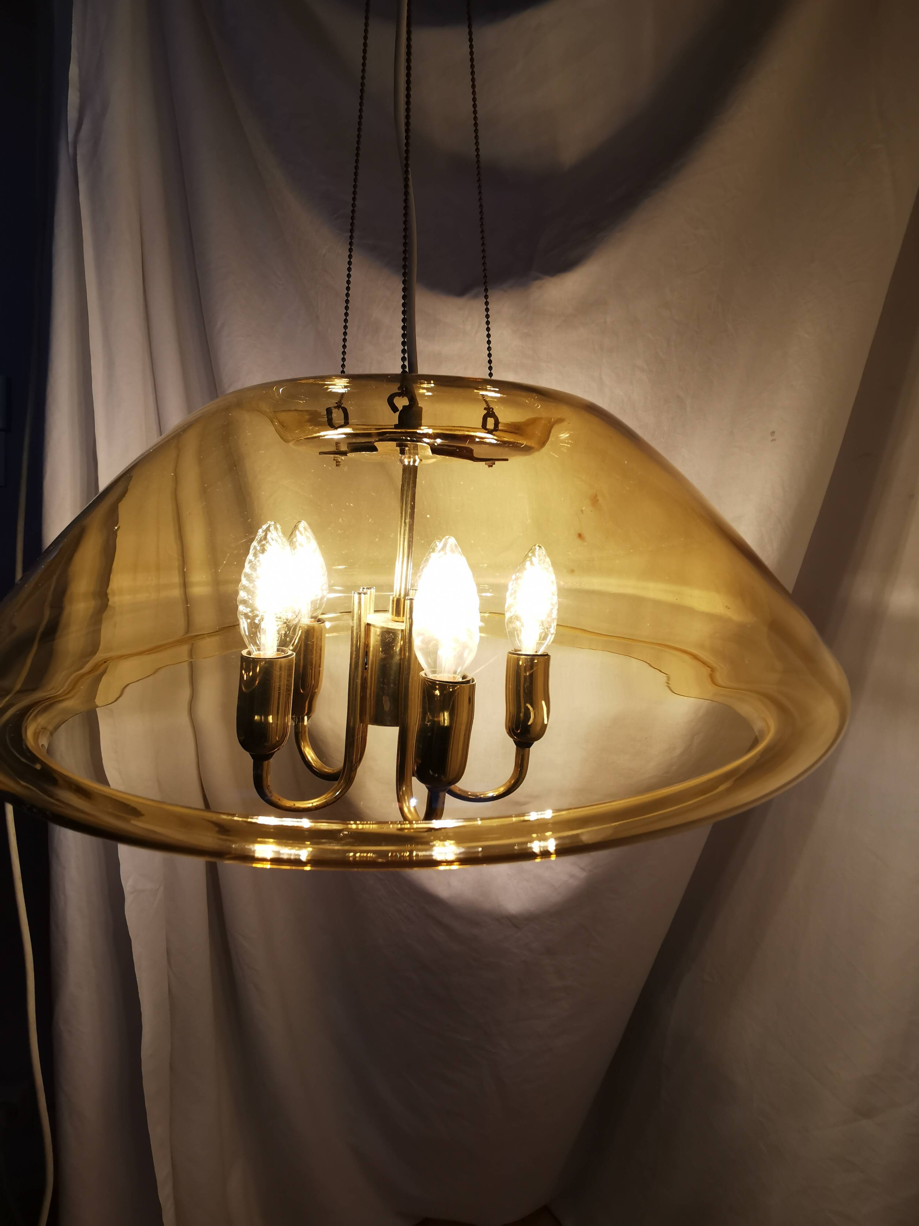 Large chandelier in brass and smoked glass, six branches, space age, baroque, Italy, 1970.