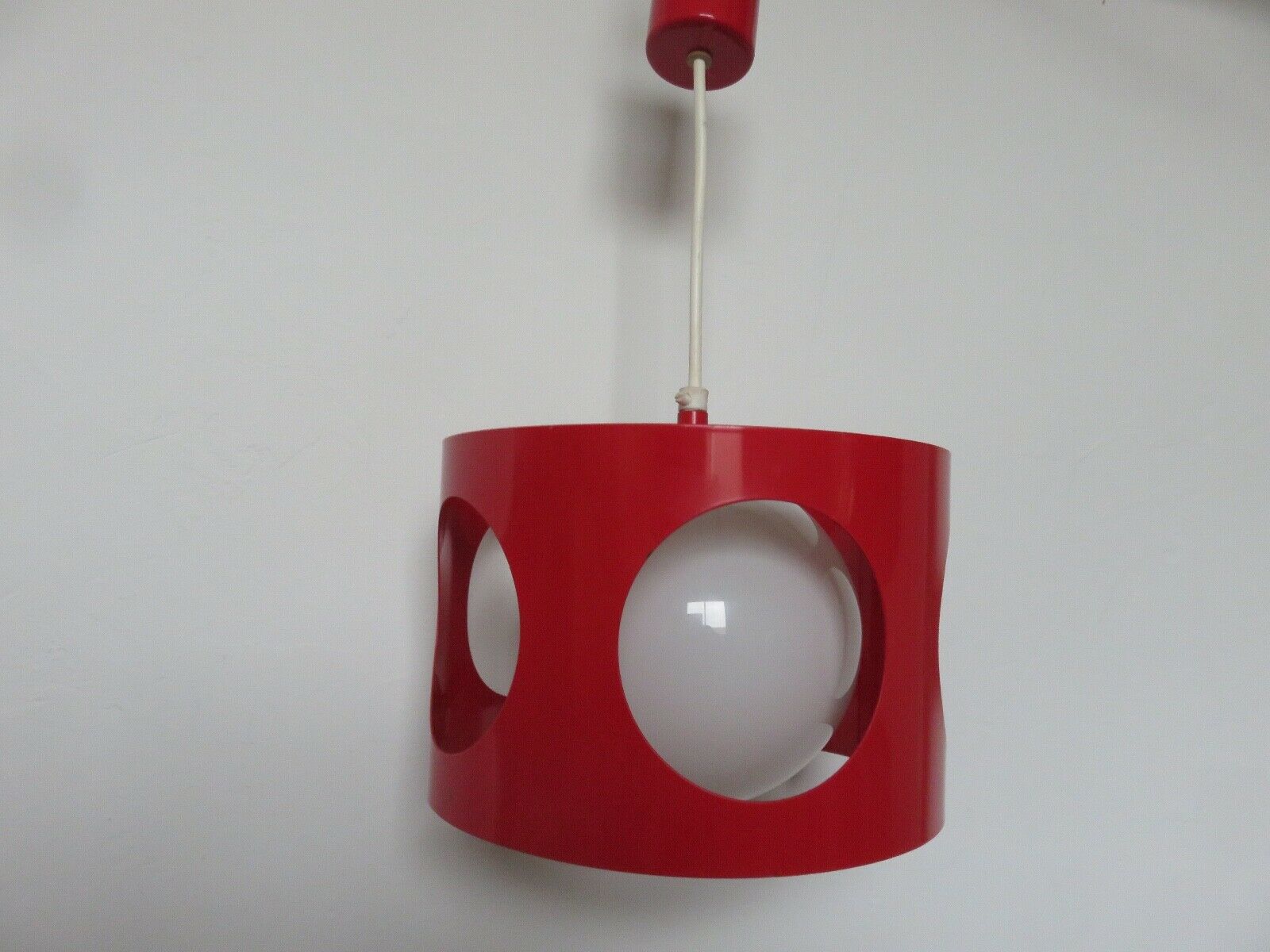 Suspension in red lacquered metal and white opaline ball 60s 70s