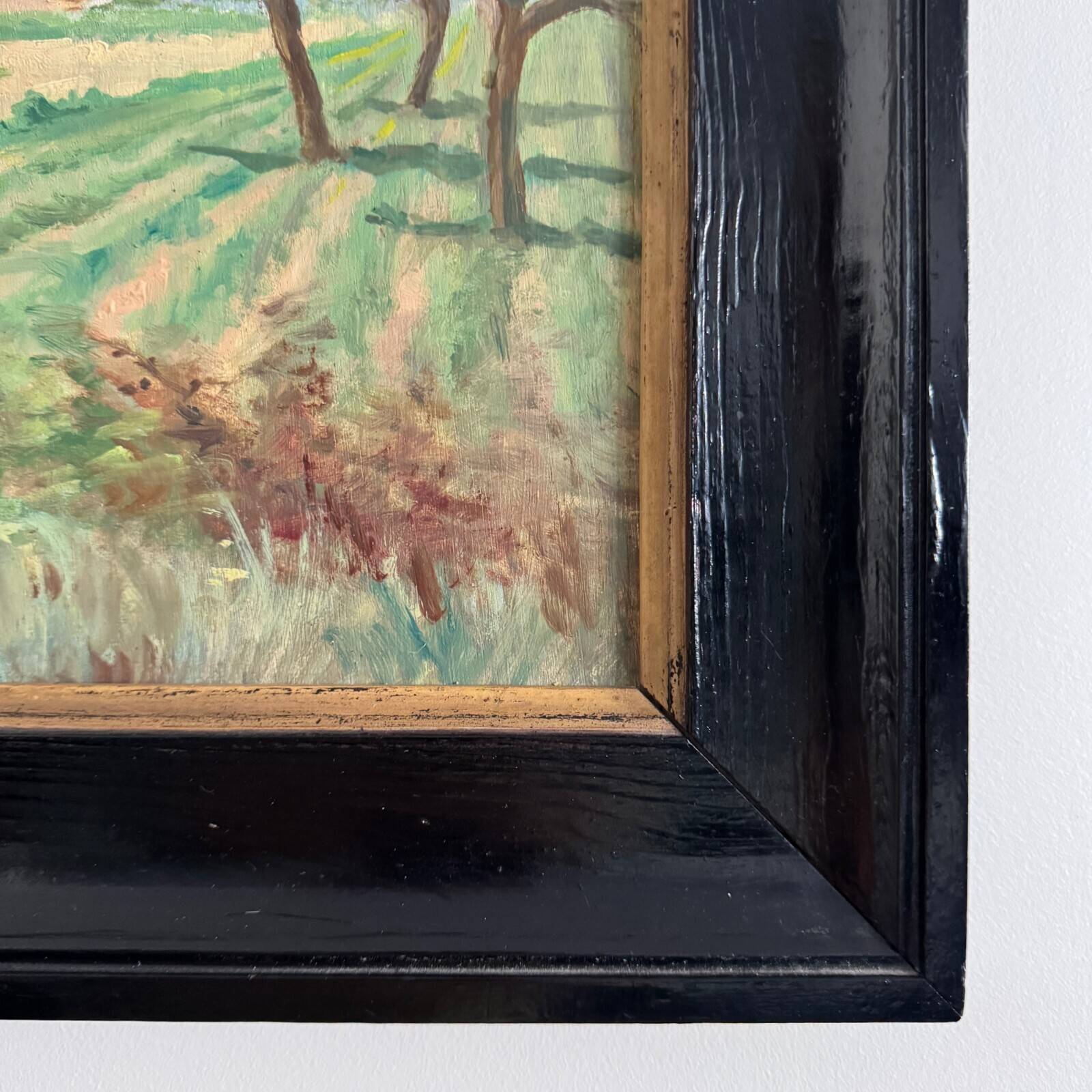 Oil on panel 20th century watercourse trees in bloom blackened wooden frame