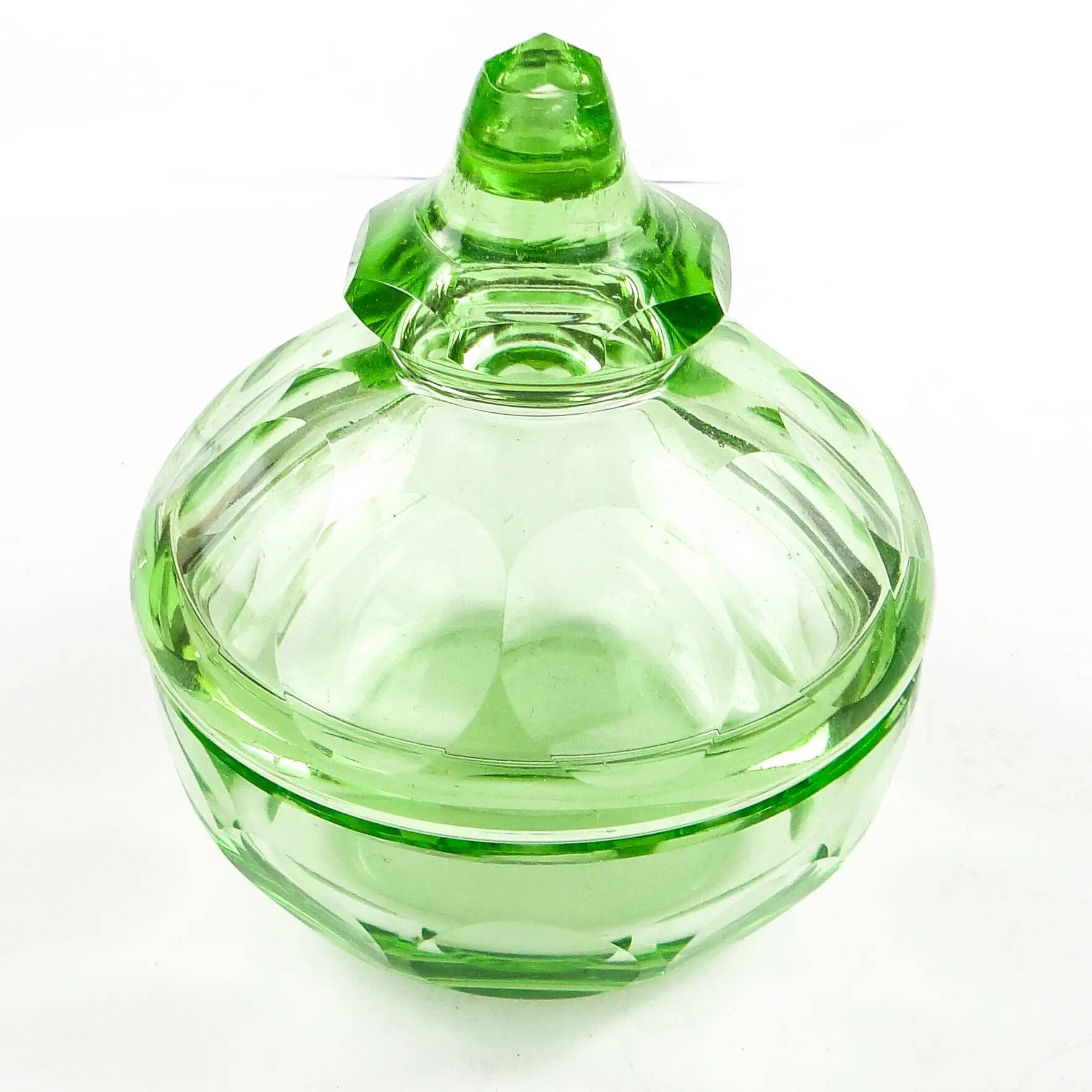 Art Deco bonbonniere, green crystal, Moser, Czechoslovakia, 1930s
