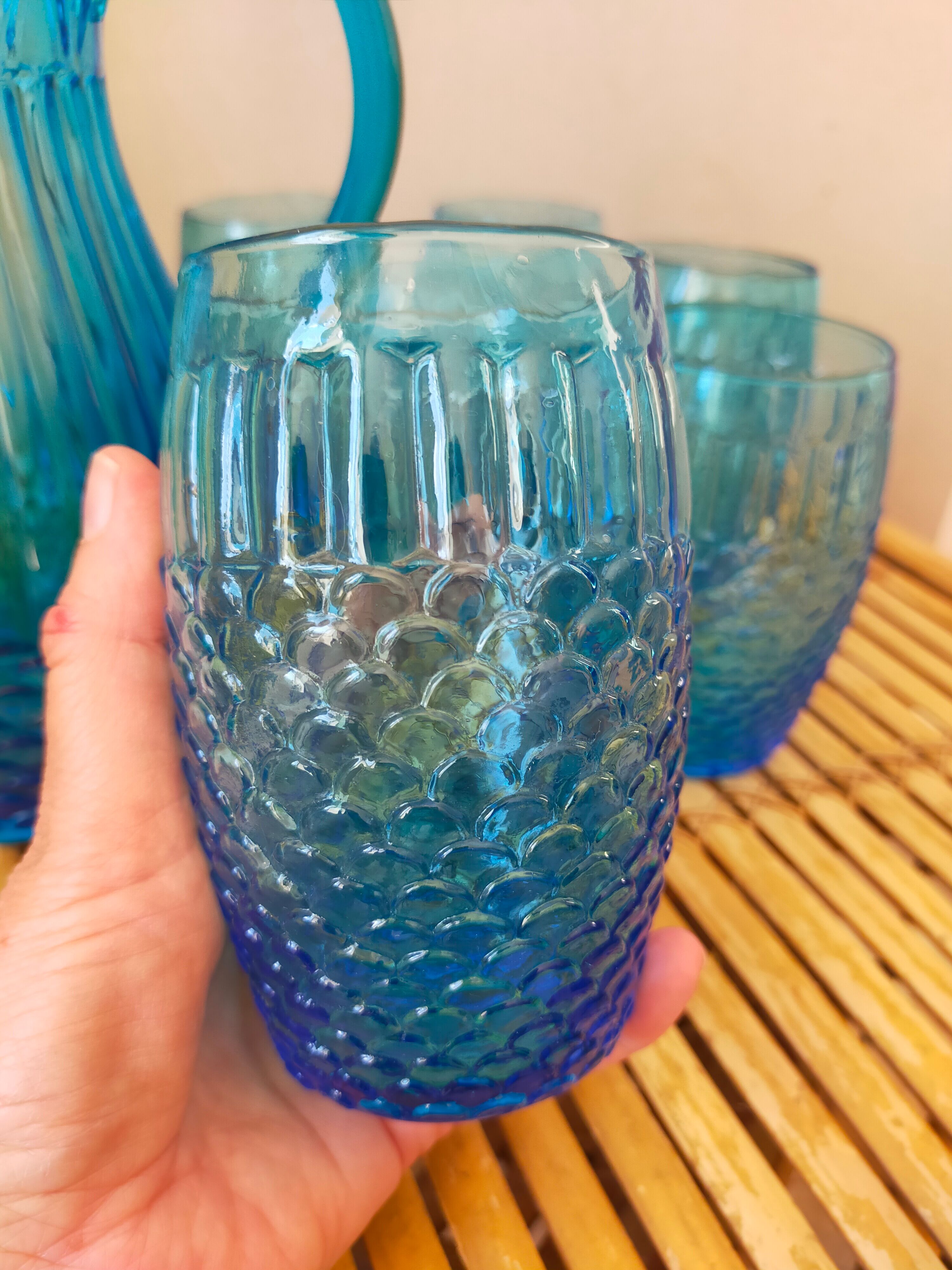Vintage Art Deco blue molded glass orangeade set, pitcher and 6 glasses
