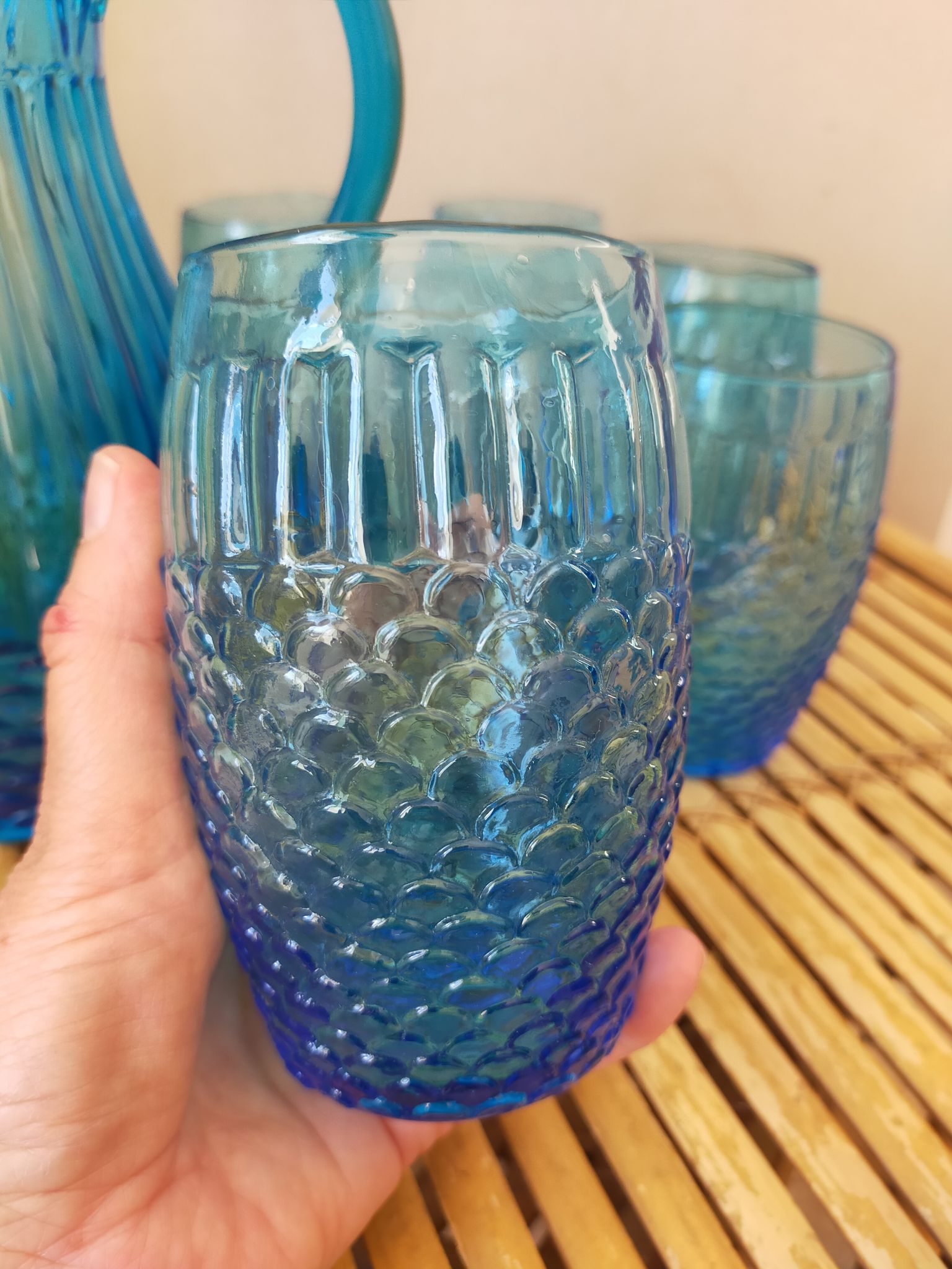 Vintage Art Deco blue molded glass orangeade set, pitcher and 6 glasses