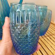 Vintage Art Deco blue molded glass orangeade set, pitcher and 6 glasses