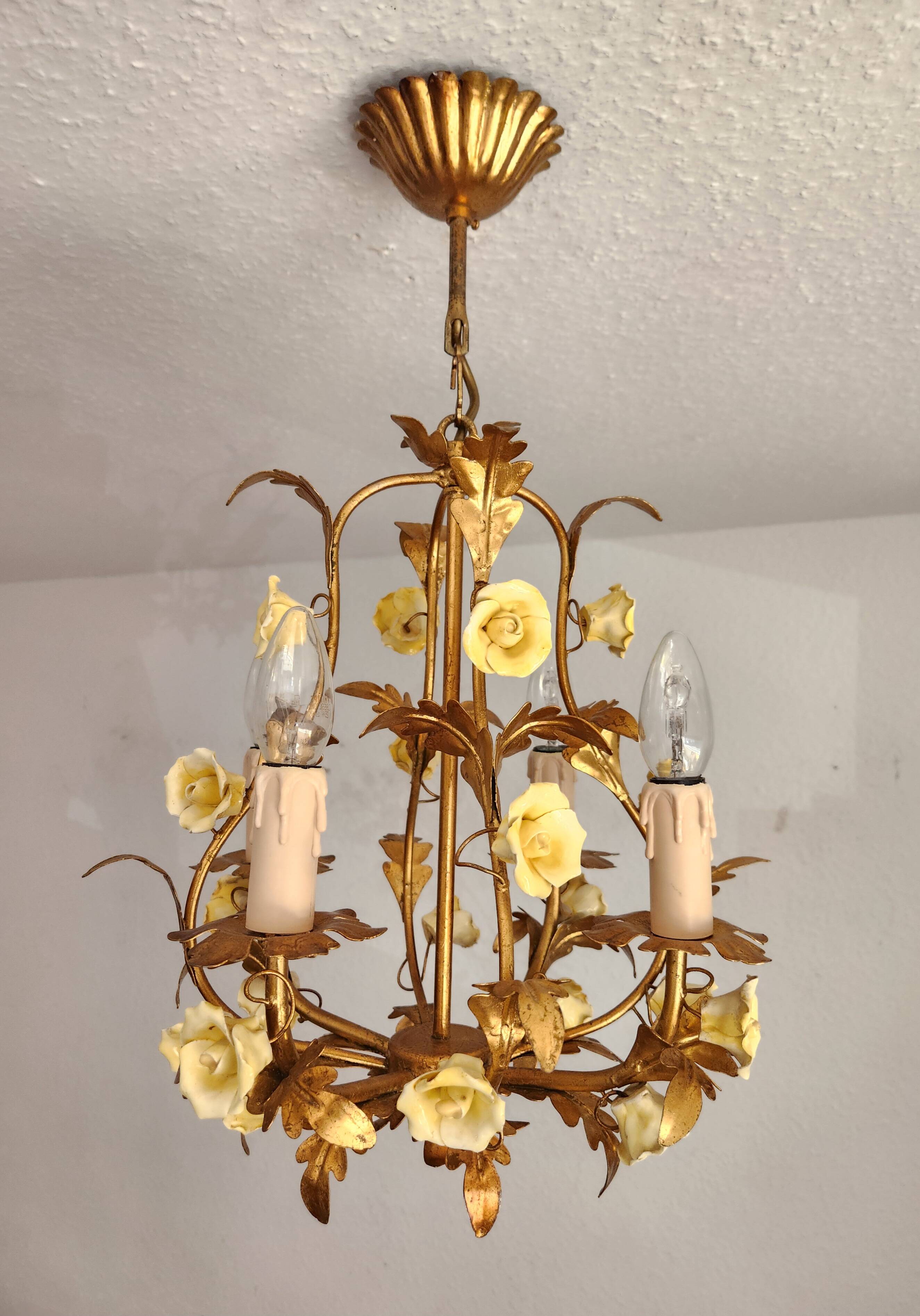 Vintage gilded hand-forged Florentine ceiling light with porcelain roses.